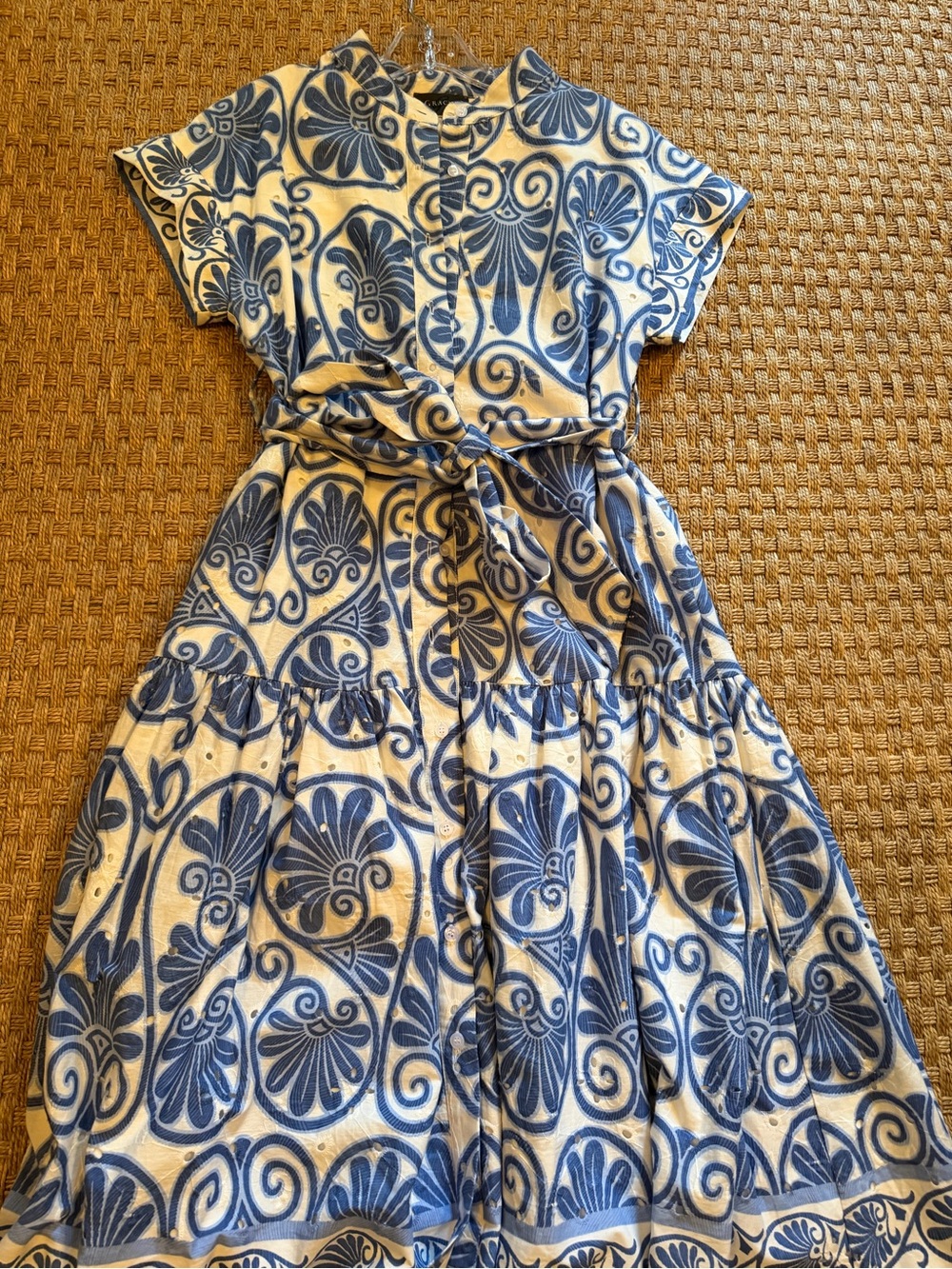 Gracia women’s Blue & White Patterned Cotton Dress with Tie Waist. Size small
